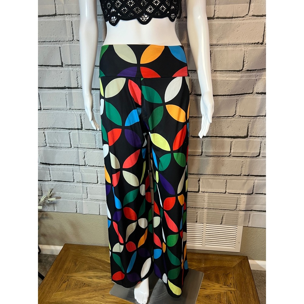 Bon Apple Medium Wide Leg Pants Multi Color Geometric Petal Print High Waist Med